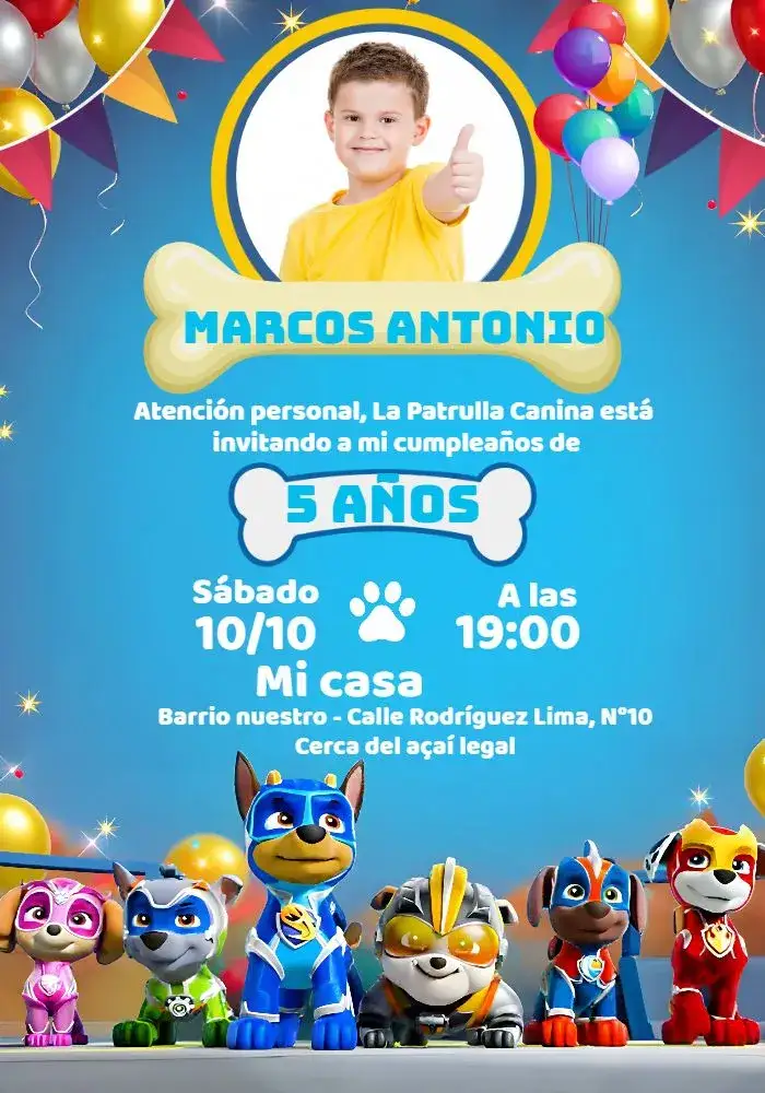 Invitación Patrulla Canina Con Foto Blanco – tema Cumpleaños Infantil azul, blanco, divertido, infantil, temático, colorido