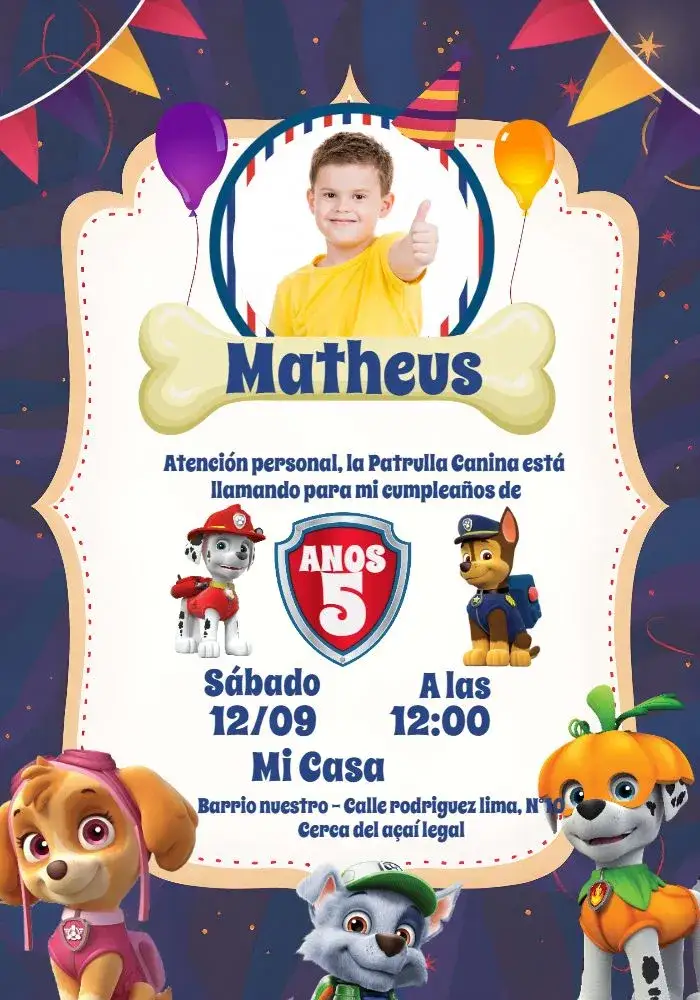 Invitación Patrulla Canina Con Foto Hueso – tema Cumpleaños Infantil colorido, divertido, temático, infantil, animado