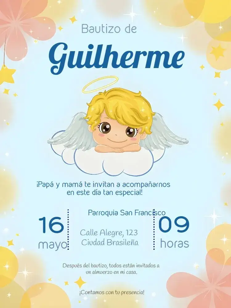 Invitación Bautismo Angelito - – tema Bautismo delicado, infantil, azul y amarillo, nubes y estrellas, moderno, festivo
