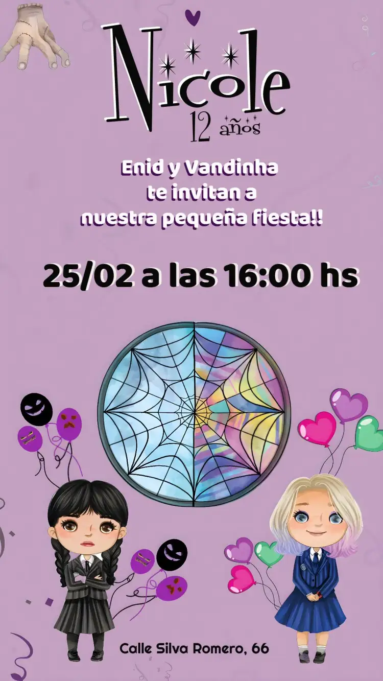 Invitación Fiesta de Wandinha Addams – tema Fechas Conmemorativas morado, negro, blanco, temático, divertido, fantástico