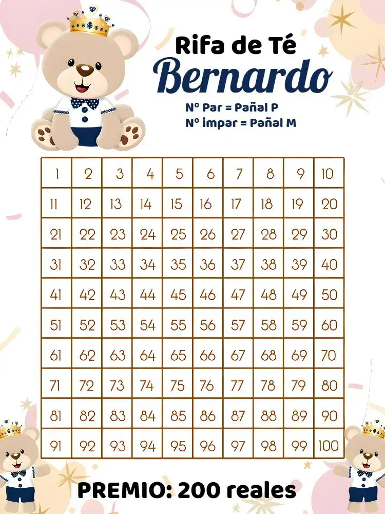 Invitación Té Rifa Osito Príncipe Cha – tema Té Rifa dorado, azul, blanco, infantil, osos, lúdico
