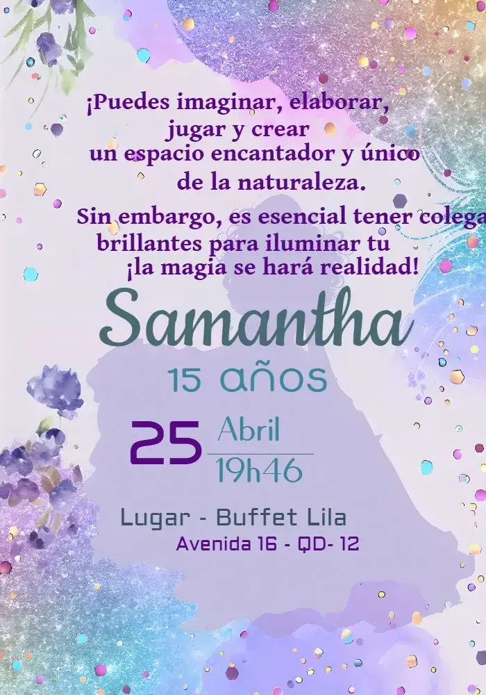 Invitación Brillo Purpurina – tema 15 años brillantina, floral, moderno, lila, morado, elegante