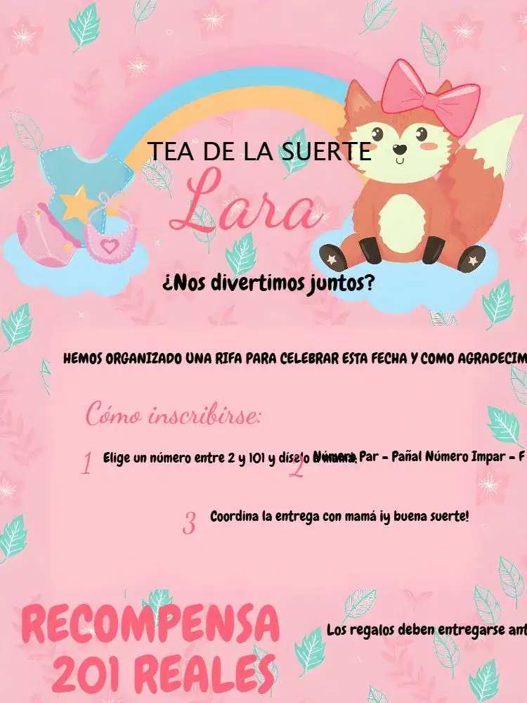 Invitación Té Rifa Zorrito Amarillo – tema Té Rifa divertido, colorido, infantil, floral, moderno