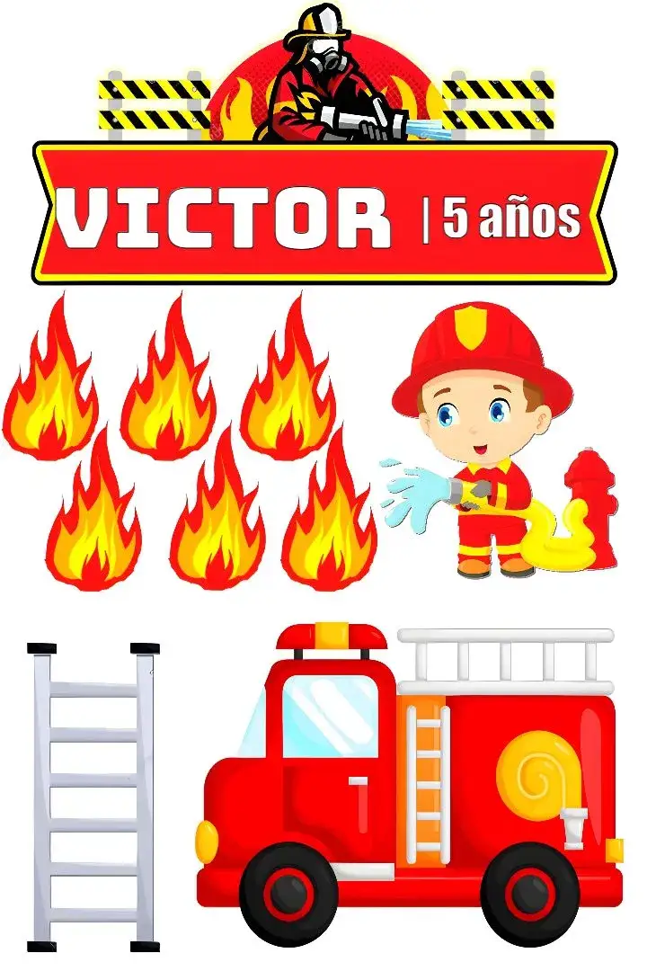 Invitación Topper De Pastel Bombero Imprimir – tema Topper de torta vibrante, temático, colorido, divertido, infantil, aventura