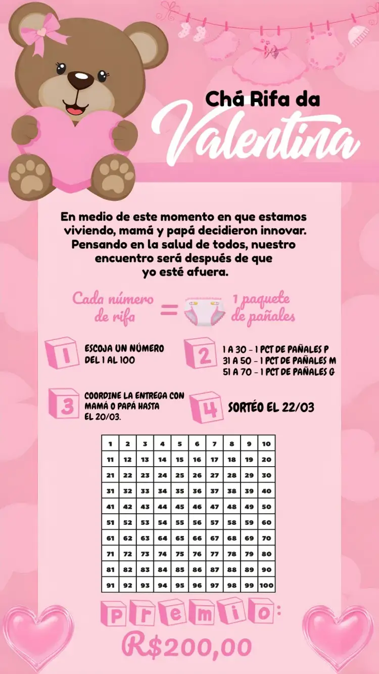 Invitación Té Rifa Osita Blanca – tema Té Rifa delicado, realeza, adorable, elegante, infantil, rosa y blanco