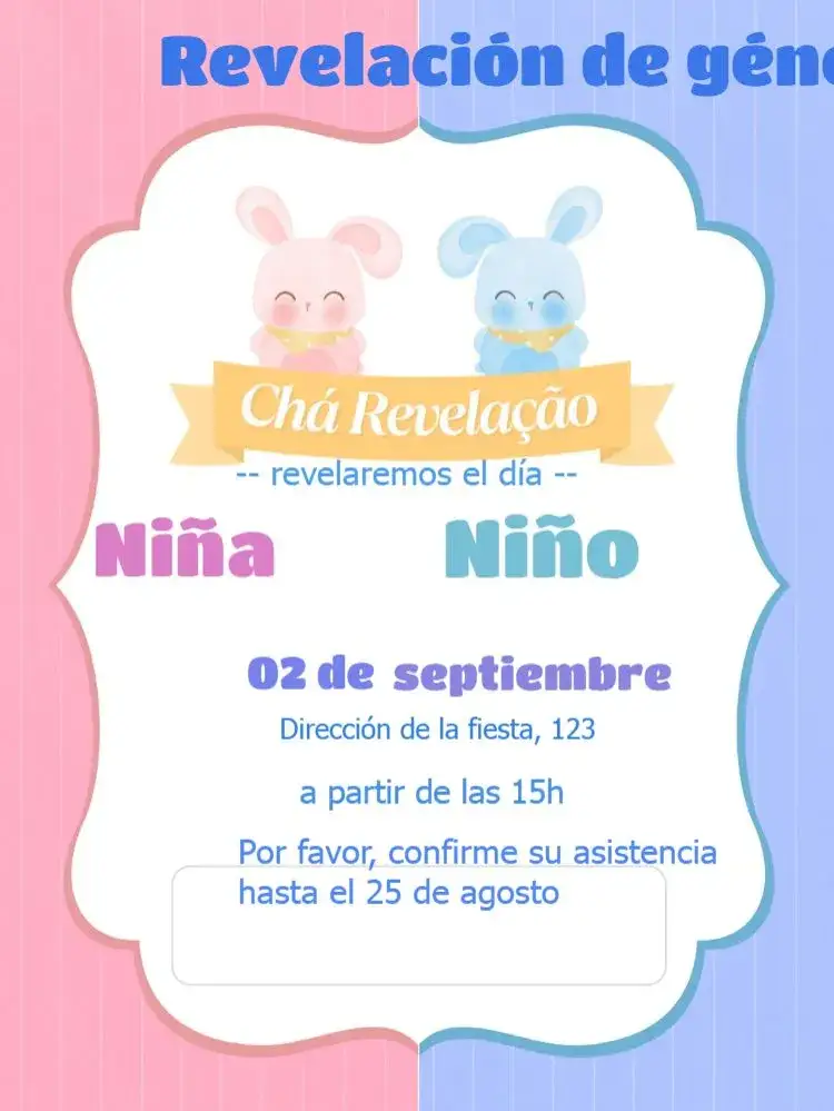 Invitación Baby Shower Revelación Conejitos Niño – tema Té Rifa colorido, infantil, lúdico, fofo, tema coelhinhos