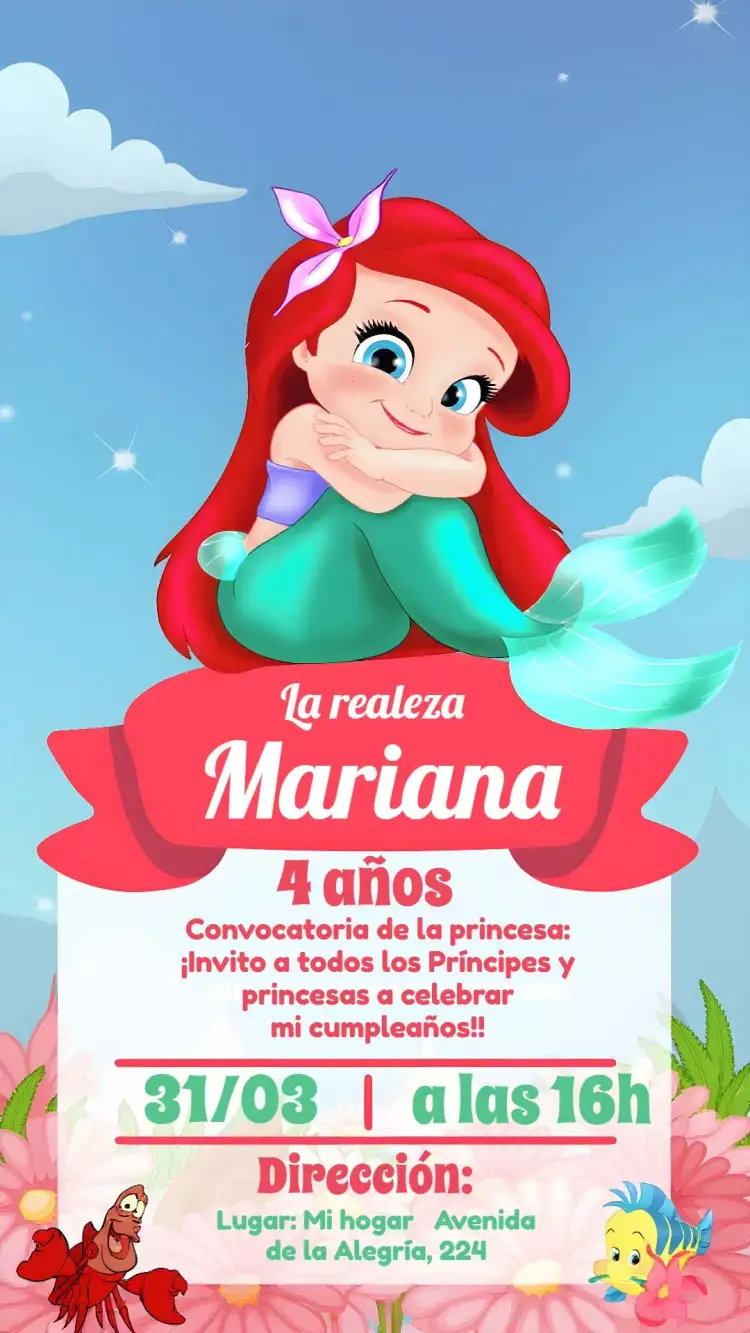 Invitación Sirena Ariel Bebé Mar – tema Más buscados fondo marino, Disney, colorido, infantil, fantasía, marino