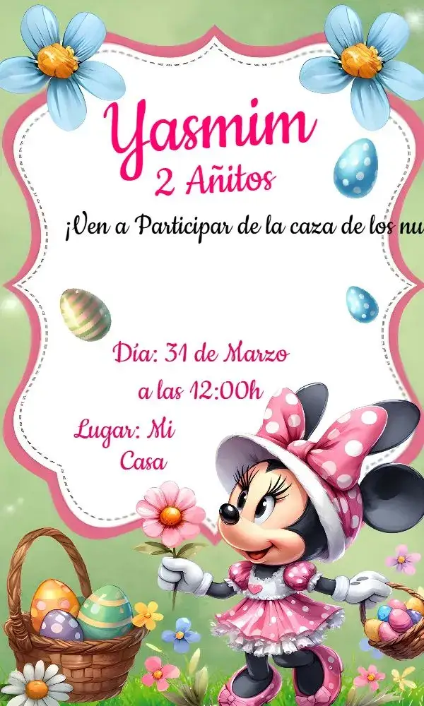 Invitación Pascua Minnie Mouse Huevos – tema Fechas Conmemorativas rosa, lúdico, colorido, Disney, infantil, divertido