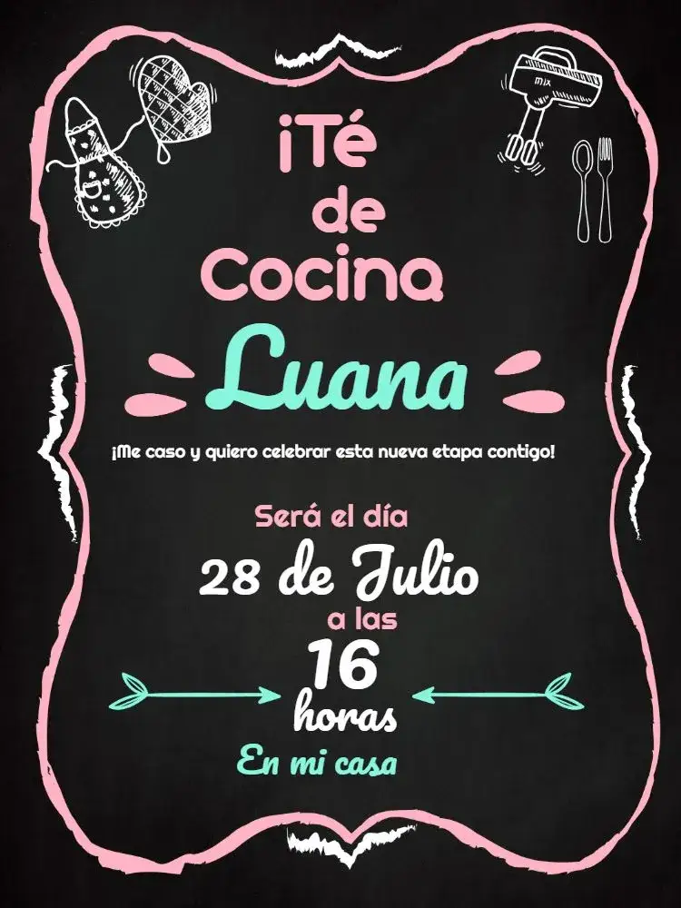 Invitación Despedida de Soltera - Diseño Pizarra 4 Fiesta – tema Baby Shower pizarra, moderno, femenino, cubiertos, rosa y azul, dorado