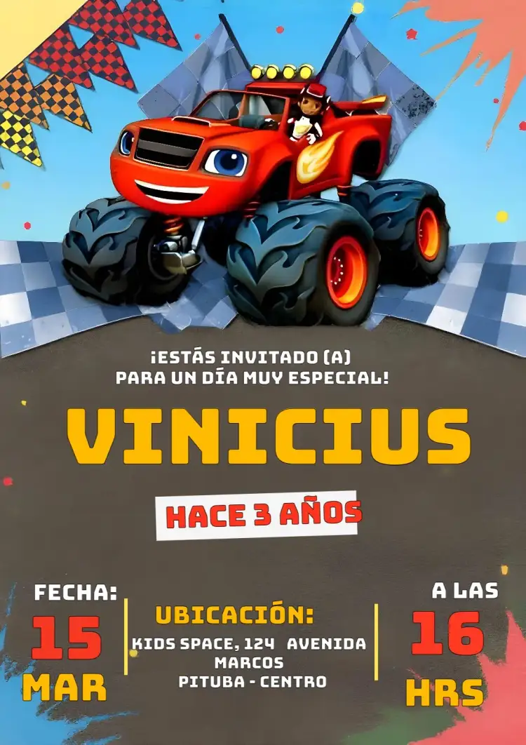 Invitación Fiesta Blaze Monster Machines – tema Más buscados colorido, divertido, temático, infantil, moderno