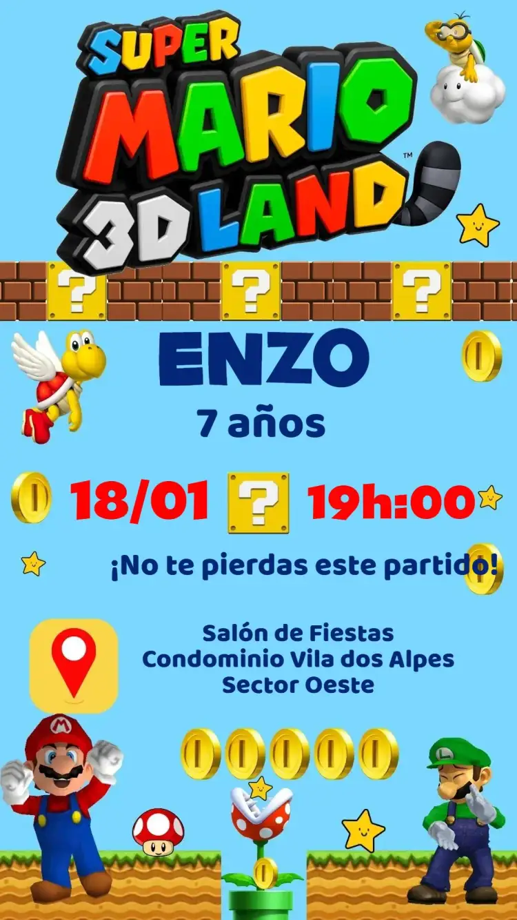 Invitación Super Mario – tema Cumpleaños Infantil colorido, temático, divertido, juegos, infantil