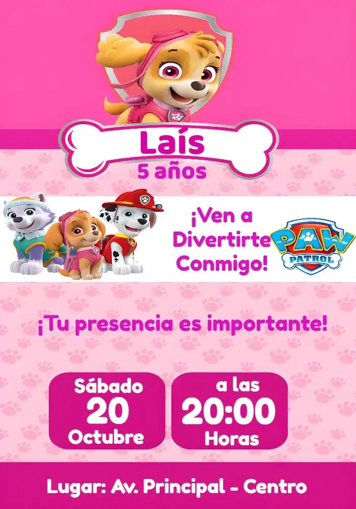 Invitación Patrulla Canina Rosa – tema Cumpleaños Infantil colores vivos, divertido, personajes animados, estilo infantil, ilustraciones coloridas, tema de aventura
