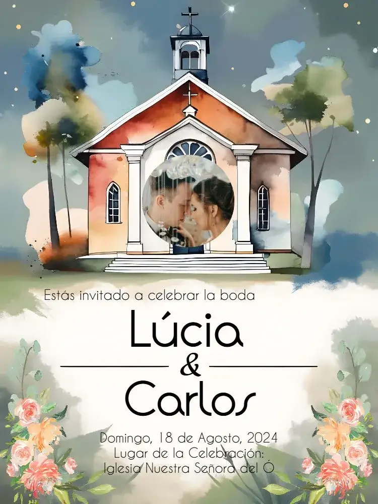 Invitación Boda en Iglesia Con Foto Rosa – tema Bautismo floral, romántico, acuarela, moderno, elegante