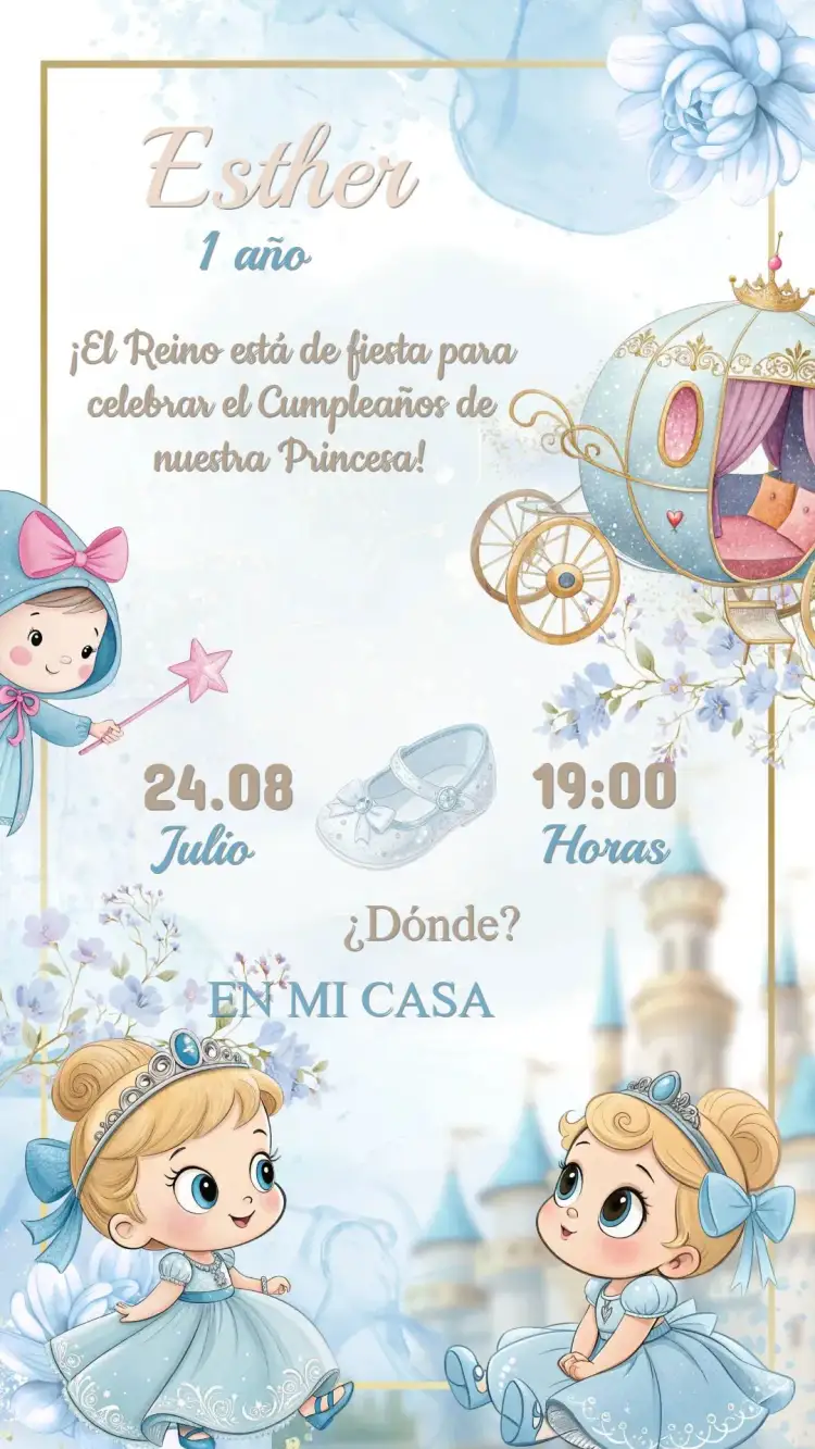 Invitación Invitación Cumpleaños Cenicienta – tema Cumpleaños Infantil encantado, princesa, azul claro, dourado, blanco, fantasía