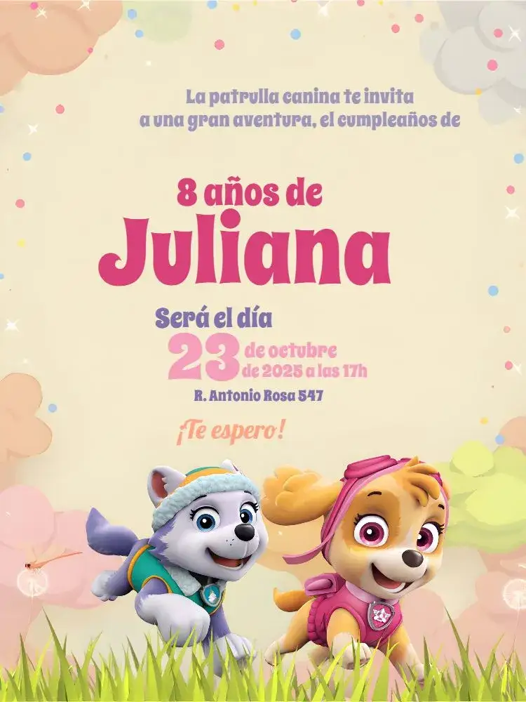 Invitación Patrulla Canina Chica Rosa – tema Cumpleaños Infantil rosa, divertido, infantil, moderno, colorido, temático
