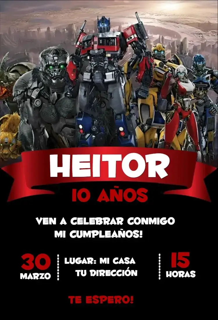 Invitación Transformers – tema Cumpleaños colores vibrantes, estilo moderno, elementos gráficos de acción, inspirado en héroes, diseño animado, temática de aventura
