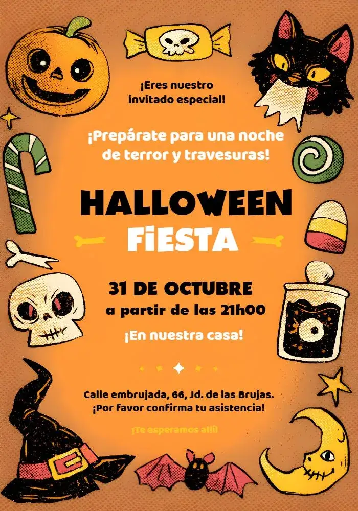 Invitación Fiesta De Halloween Luna – tema Fechas Conmemorativas colorido, terror, calabaza, luna llena, calavera, festivo