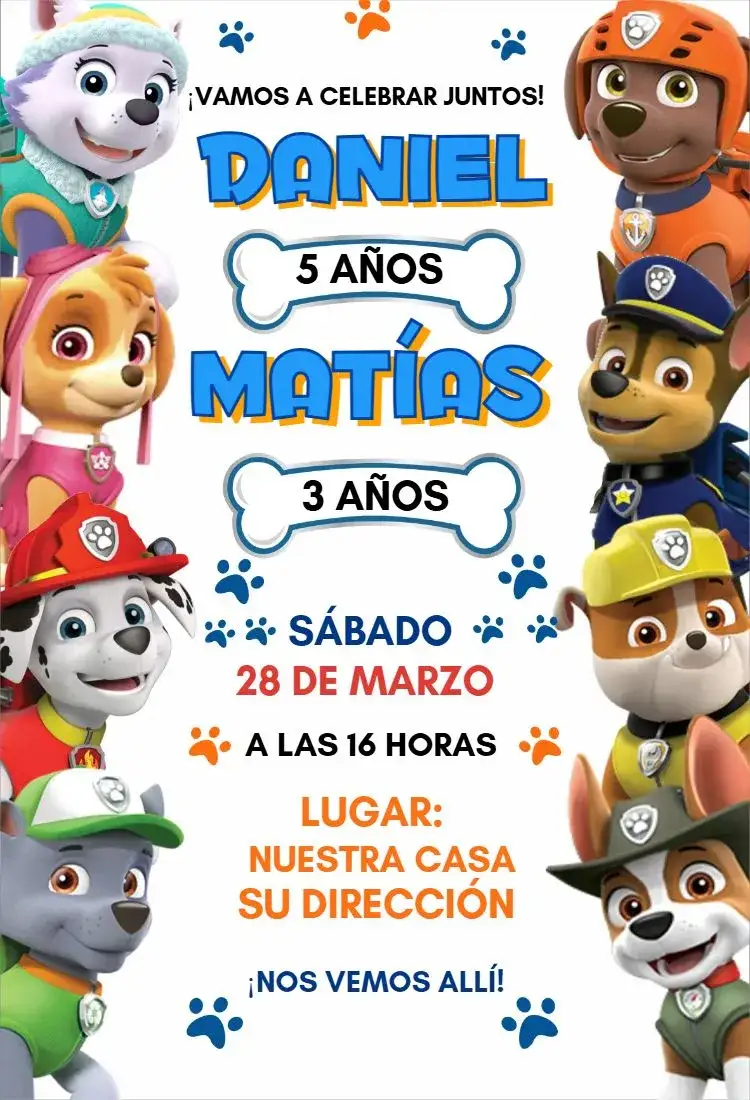 Invitación Patrulla Canina doble – tema Cumpleaños colorido, divertido, temático, infantil, animado