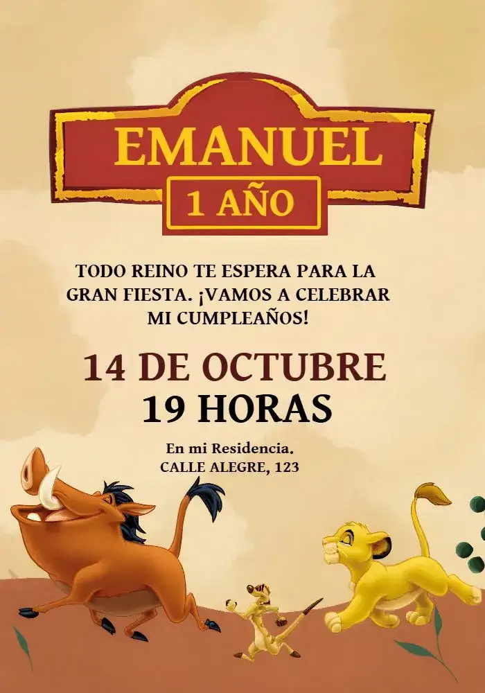 Invitación Rey León Timón – tema Cumpleaños Infantil tropical, colorido, divertido, animales, aventura