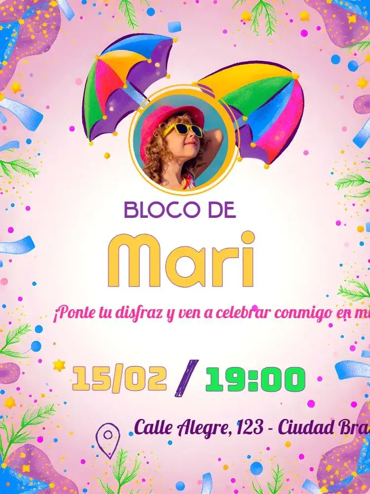 Invitación Bloco De Carnaval Con Foto Bloquinho – tema Fechas Conmemorativas colorido, alegre, infantil, festivo, divertido, tropical