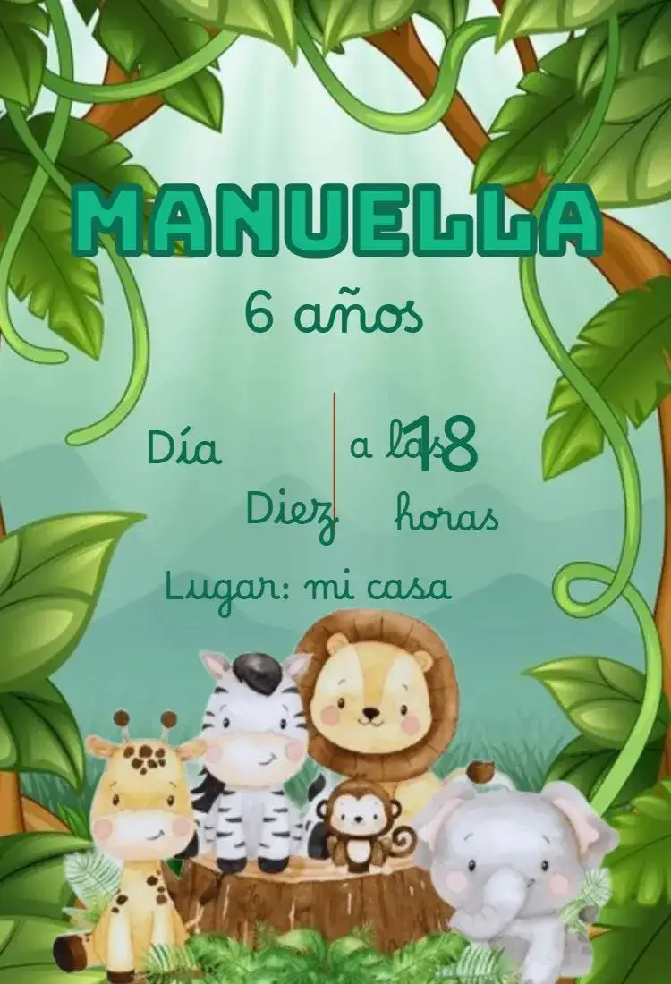 Invitación Invitación Safari – tema Cumpleaños Infantil selva, animales, colores vibrantes, divertido, tropical, colorido