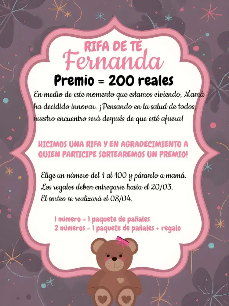 Invitación Té Rifa Osita Rosa – tema Té Rifa rosa suave, blanco delicado, ilustraciones de osos, estilo infantil, diseño alegre