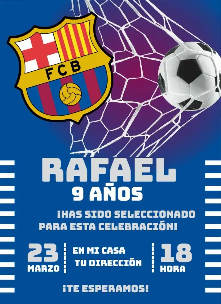 Invitación Barcelona 4 – tema Cumpleaños deportivo, moderno, colorido, fútbol, vibrante