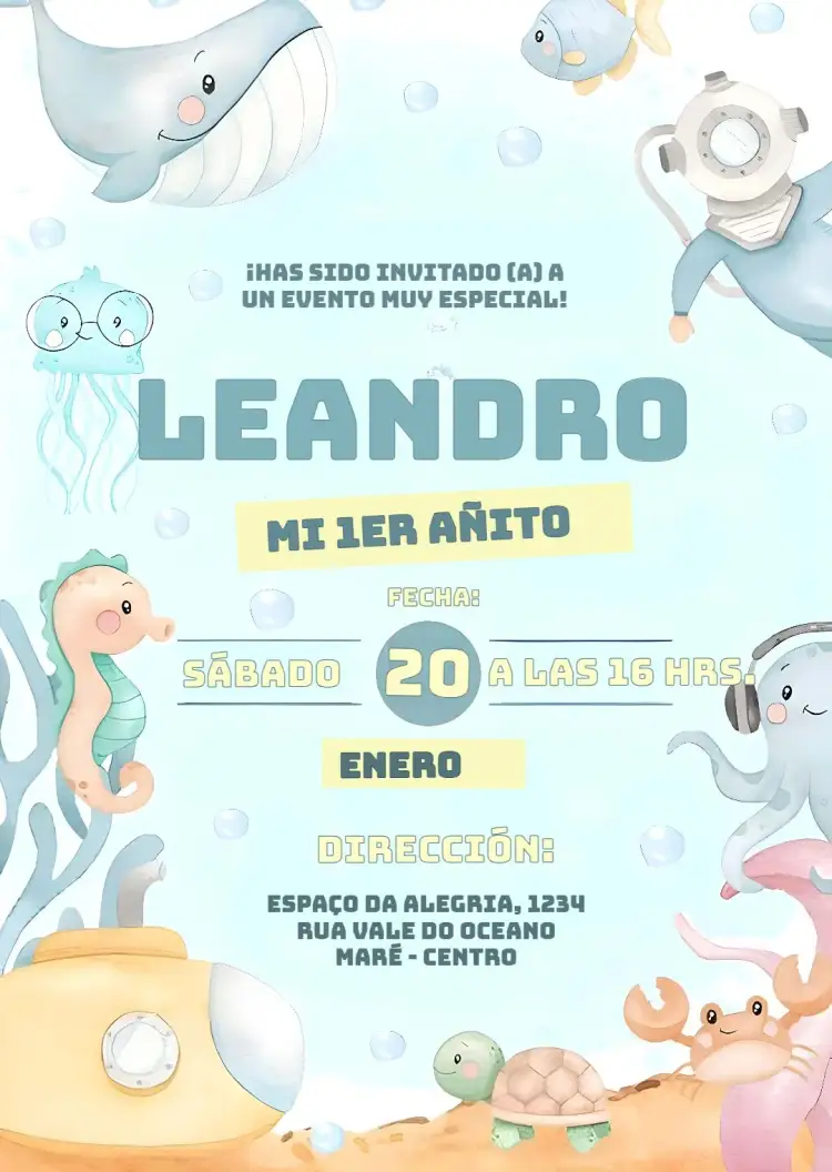 Invitación Fondo Del Mar Pañales – tema Cumpleaños Infantil azul marino, azul, colorido, lúdico, divertido
