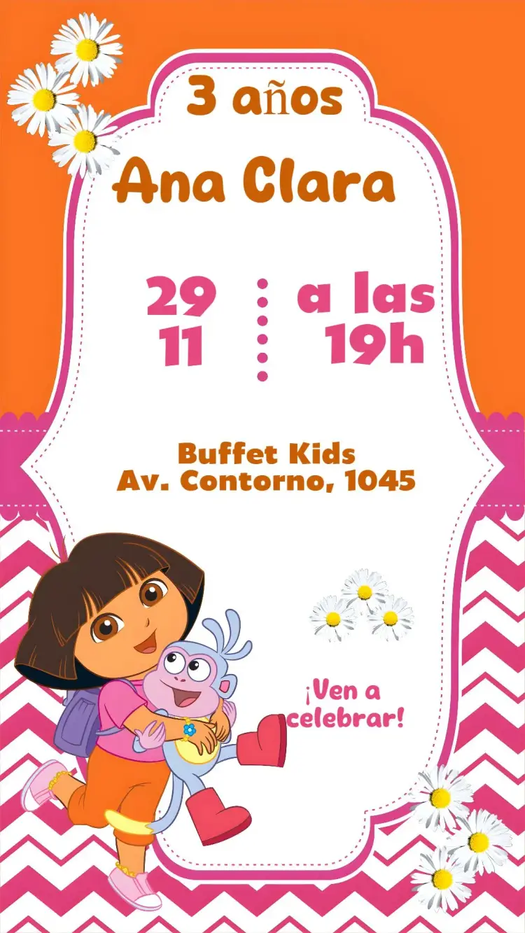Invitación Explora con Dora la Exploradora en su gran aventura de cumpleaños.