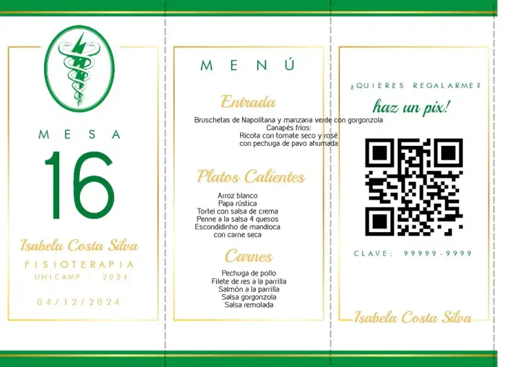 Invitación Menú Triángulo Graduación Fisioterapia Curso – tema Graduación moderno, elegante, verde, minimalista, profesional, sostenible