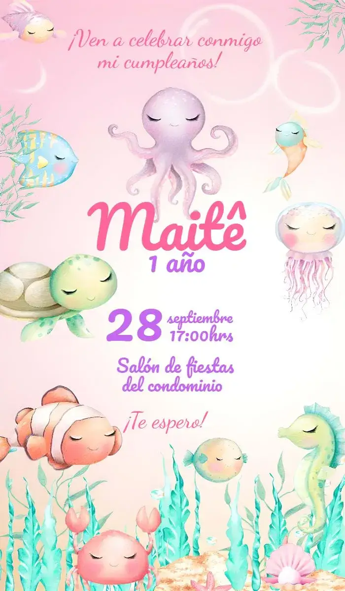 Invitación Fondo Del Mar Niña Acuarela – tema Cumpleaños Infantil acuarela, fondo marino, colores suaves, elementos marinos, estilo lúdico, temática rosa