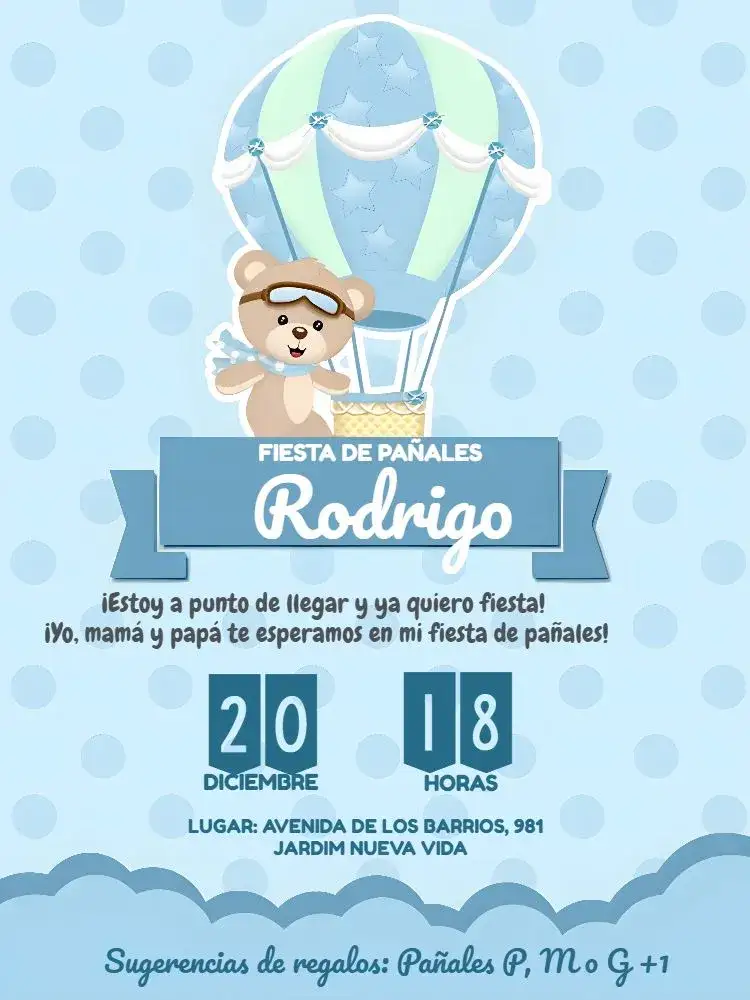 Invitación Baby Shower Oso Globos Aerostáticos Globo – tema Baby Shower azul, blanco, lúdico, divertido, infantil, globos