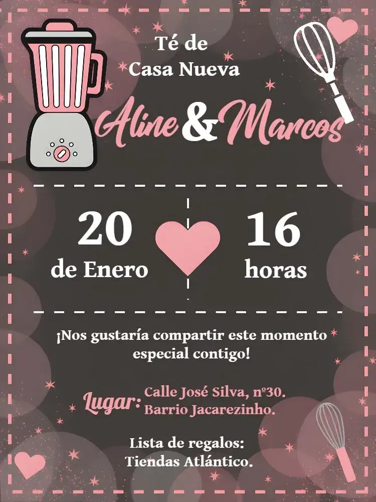 Invitación Invitación Espátula de Casa Nueva – tema Despedida de Soltera rosa, gris, negro, pizarra, corazón, elementos de cocina