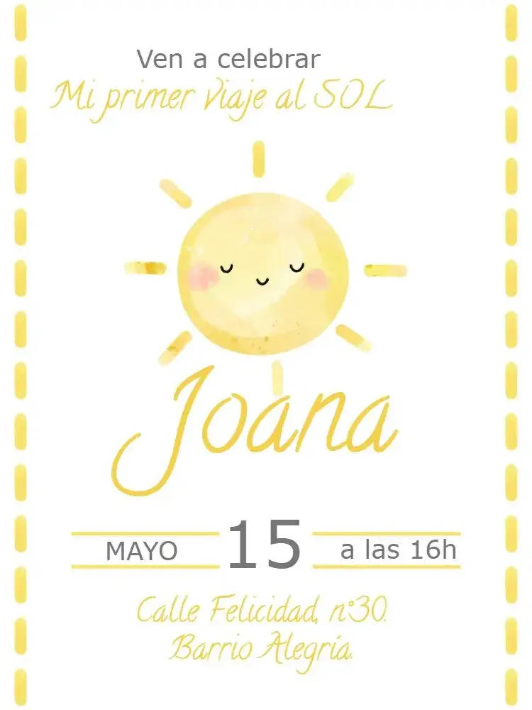 Invitación Primera Vuelta Al Sol Amarillo – tema Primera Comunión amarillo, blanco, rayos de sol, cielo azul, festivo