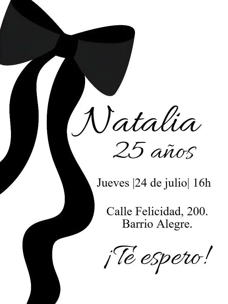 Invitación Cumpleaños Lazada Negra Femenino Adulto – tema Cumpleaños elegante, moderno, minimalista, preto e branco, feminino, balada