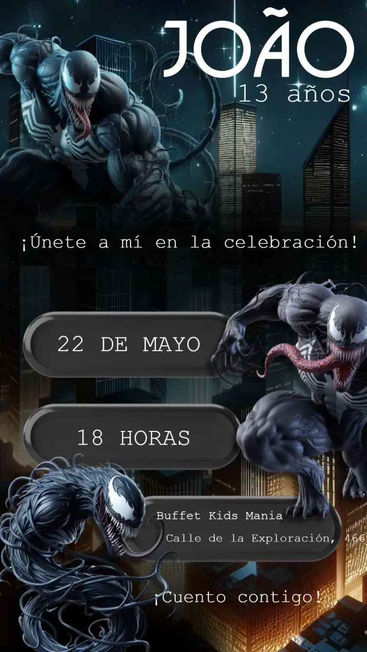Invitación Venom Aventura – tema Cumpleaños oscuro, temático, divertido, vibrante, aventura, superhéroe