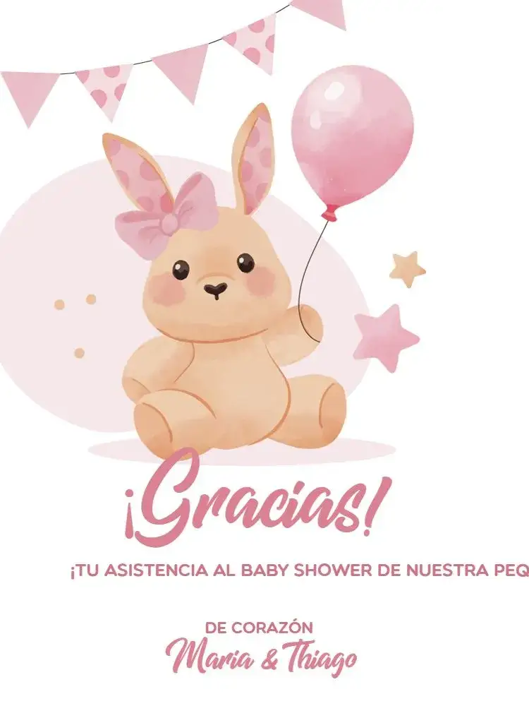 Invitación Tarjeta De Agradecimiento Presencia Baby Shower Rosa Claro – tema Tarjeta lúdico, infantil, rosa claro, conejo, estrellas, globos