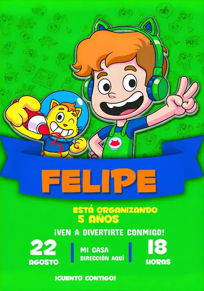 Invitación Gato Galáctico Verde