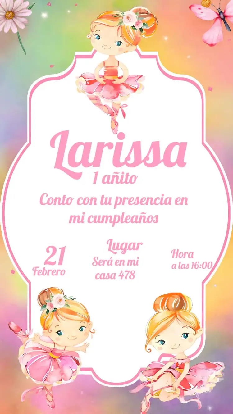 Invitación Bailarina Niña – tema Más buscados floral, rosa, blanco, delicado, infantil, colorido
