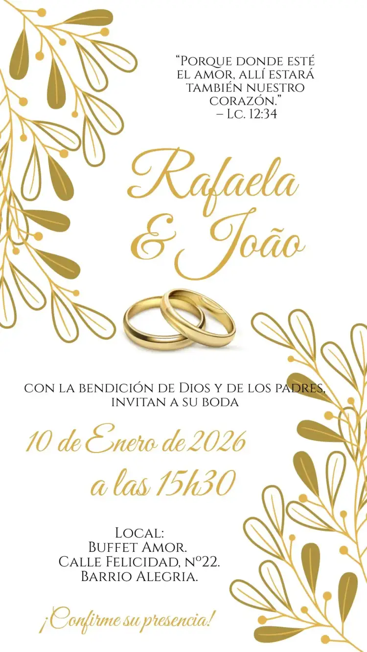 Invitación Boda de Oro Alianza – tema Boda dorado, floral, romántico, elegante, moderno
