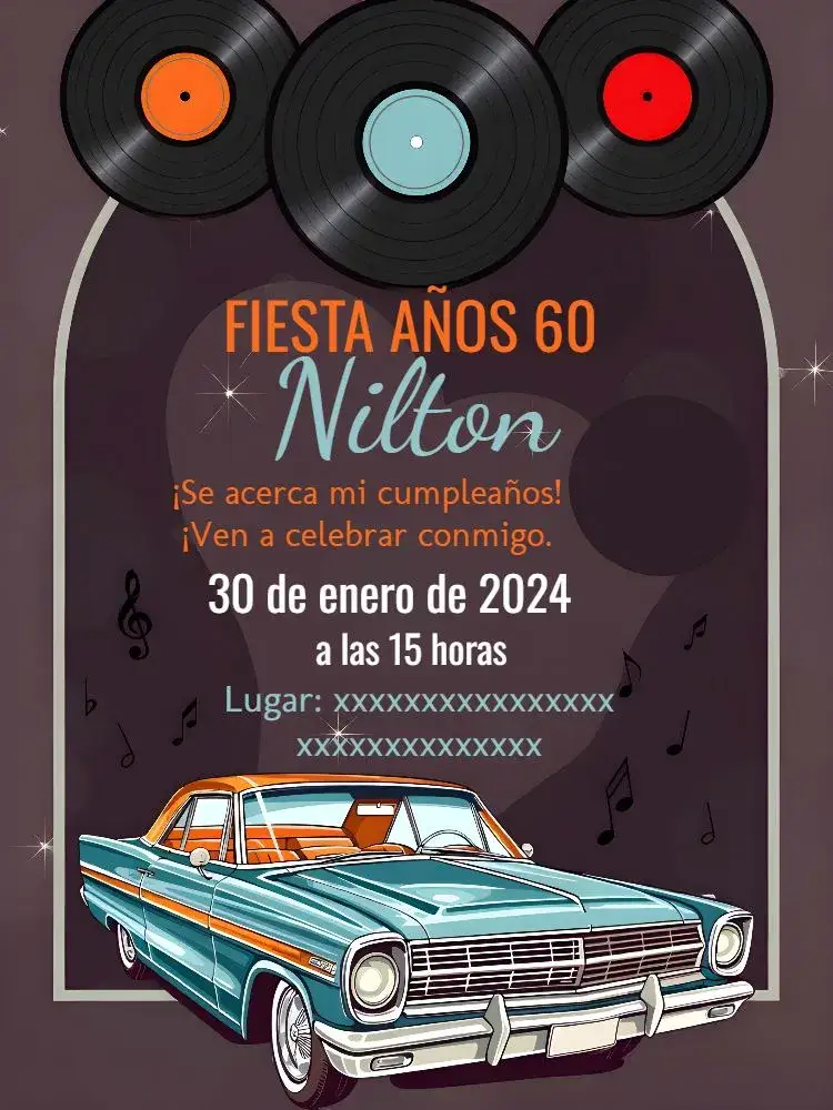 Invitación Años 60 70 – tema Cumpleaños vintage, discoteca, pop art, colores vivos, círculos, estilo retro