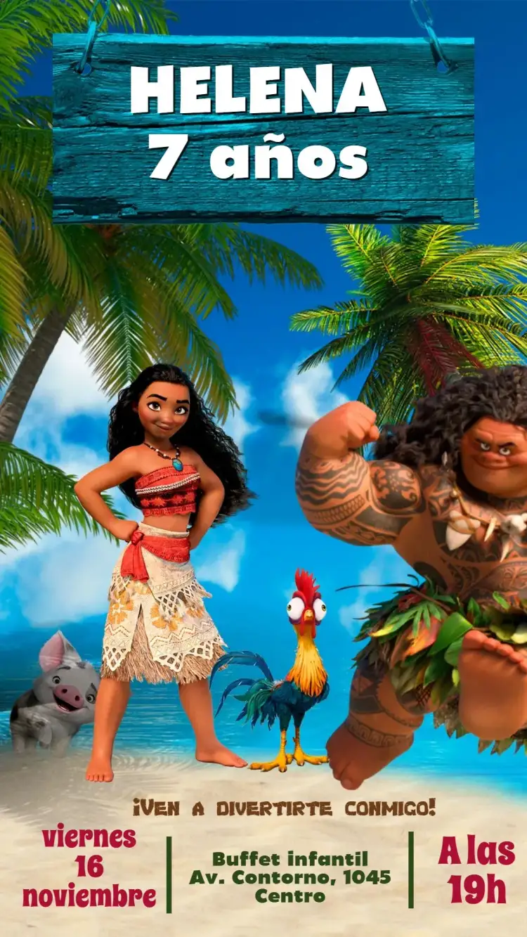 Invitación Moana – tema Cumpleaños tropical, aventura, oceano, polinesia, colorido, jugueton