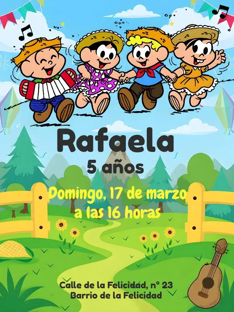 Invitación Turma Da Mônica São João Junina – tema Fechas Conmemorativas colorido, divertido, infantil, alegre, tradicional, festivo