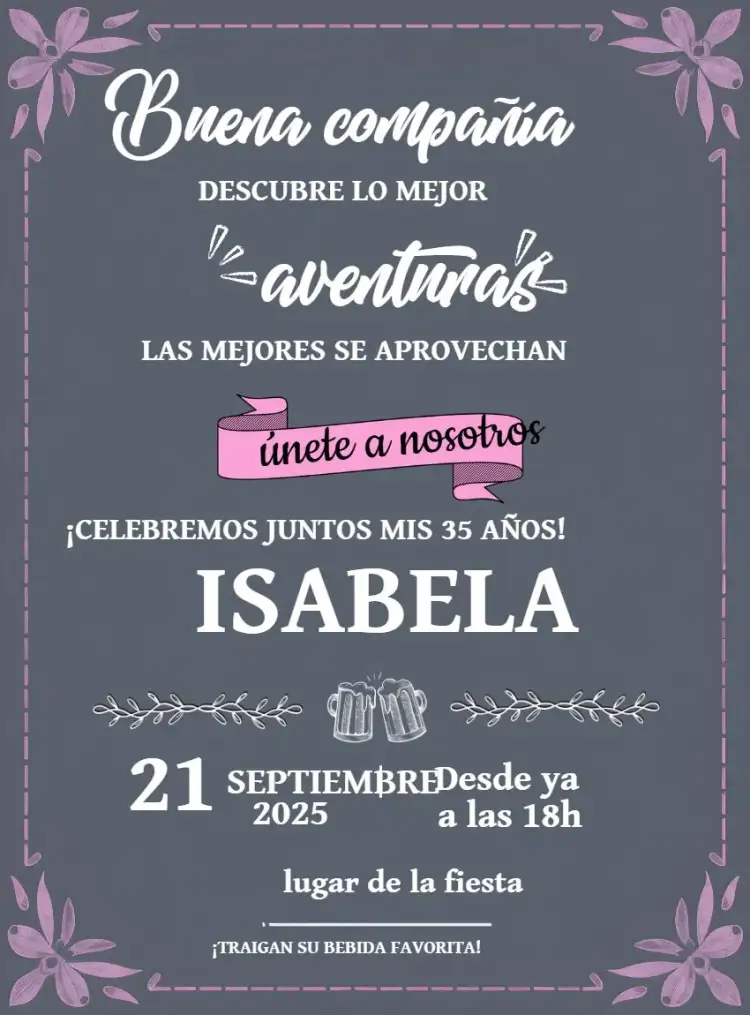 Invitación Buenas Amigas Rosa Gris Bar Buenos – tema Cumpleaños rosa, gris, pizarra, moderno, desenfadado, bar