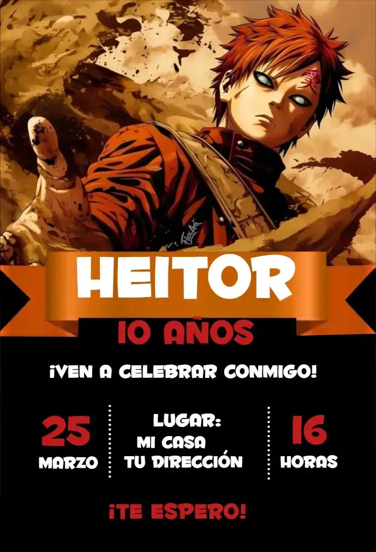 Invitación Gaara 2 – tema Cumpleaños Infantil anime, colorido, jovial, fantasía, ilustraciones, moderno