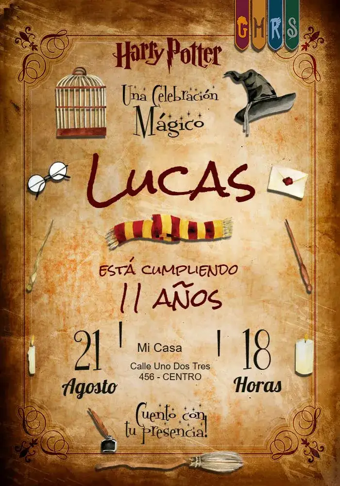 Invitación Harry Potter Hogwarts – tema Cumpleaños Infantil mágico, fantasía, vintage, colorido, ilustración, temática de brujos