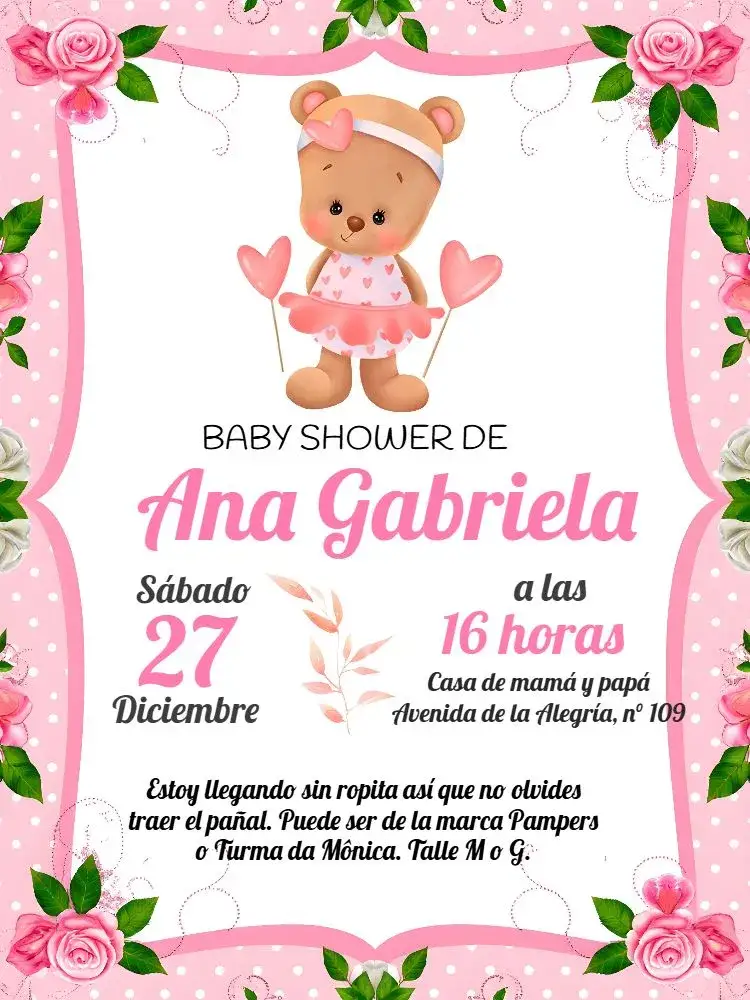Invitación Baby Shower Osito Rosa – tema Baby Shower acuarela, floral, delicado, moderno, infantil, divertido