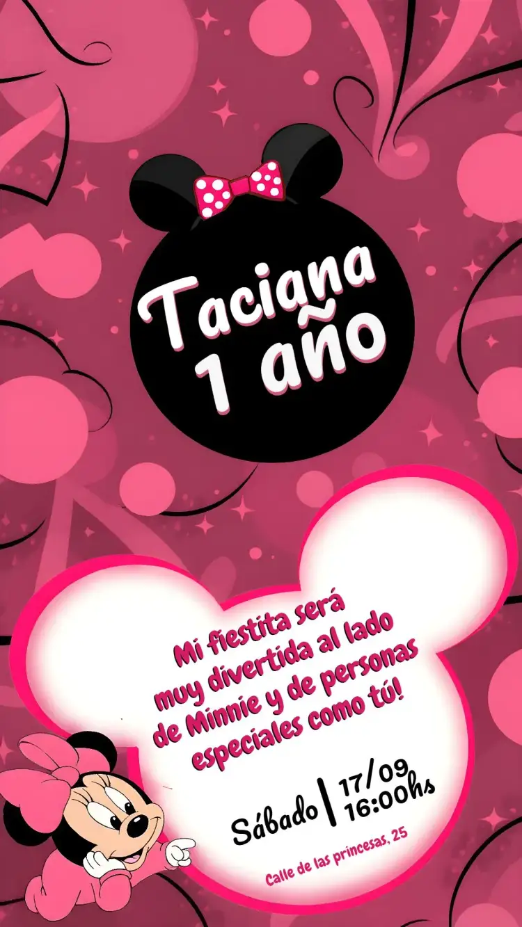 Invitación Minnie Mouse 1 – tema Fechas Conmemorativas rosa y negro, divertido, infantil, temática de Minnie, colorido, celebración