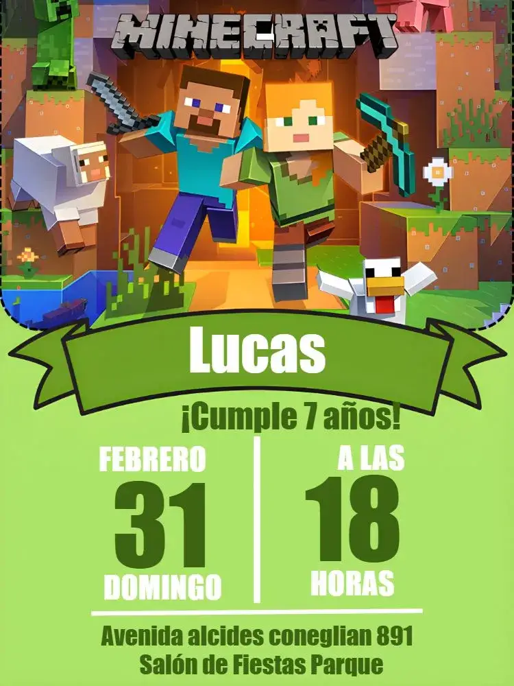 Invitación Minecraft Blanco – tema Cumpleaños Minecraft, moderno, colorido, fantasía, juegos, infantil