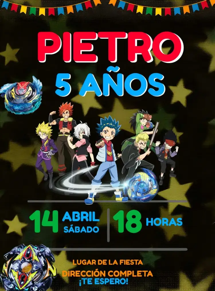 Invitación Beyblade Infantil – tema Cumpleaños Infantil colorido, moderno, temático, divertido, dinámico